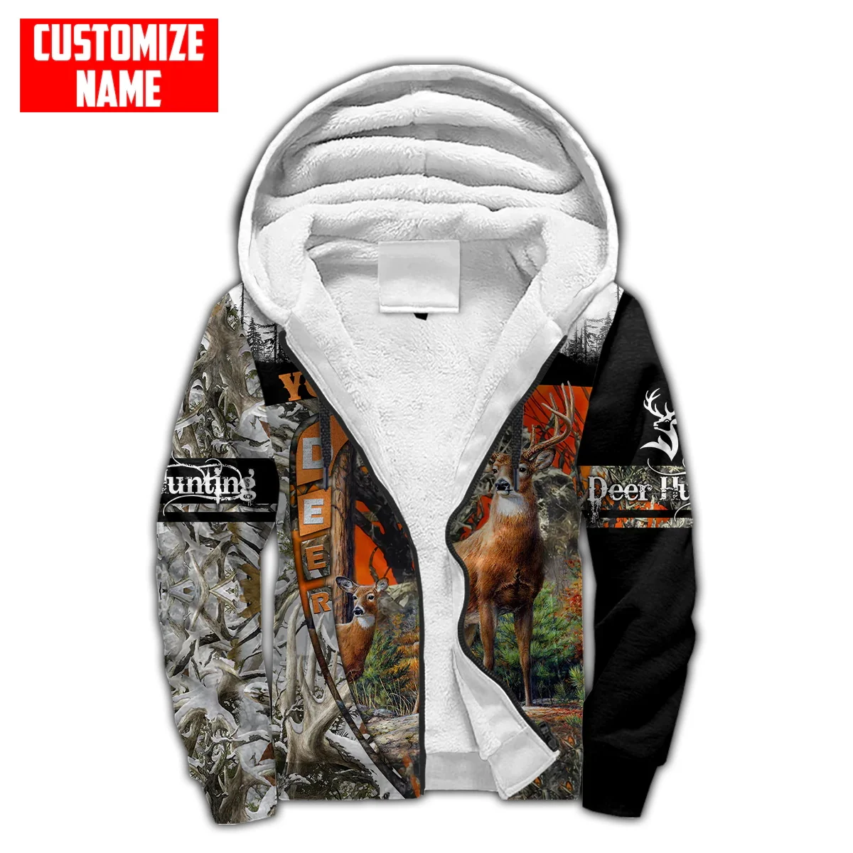 Personalized Name Deer Hunting 3D Printed Fashion Men's Fleece Zip Hoodie Unisex Casual Winter Thicker Warm zipped jacket JH18