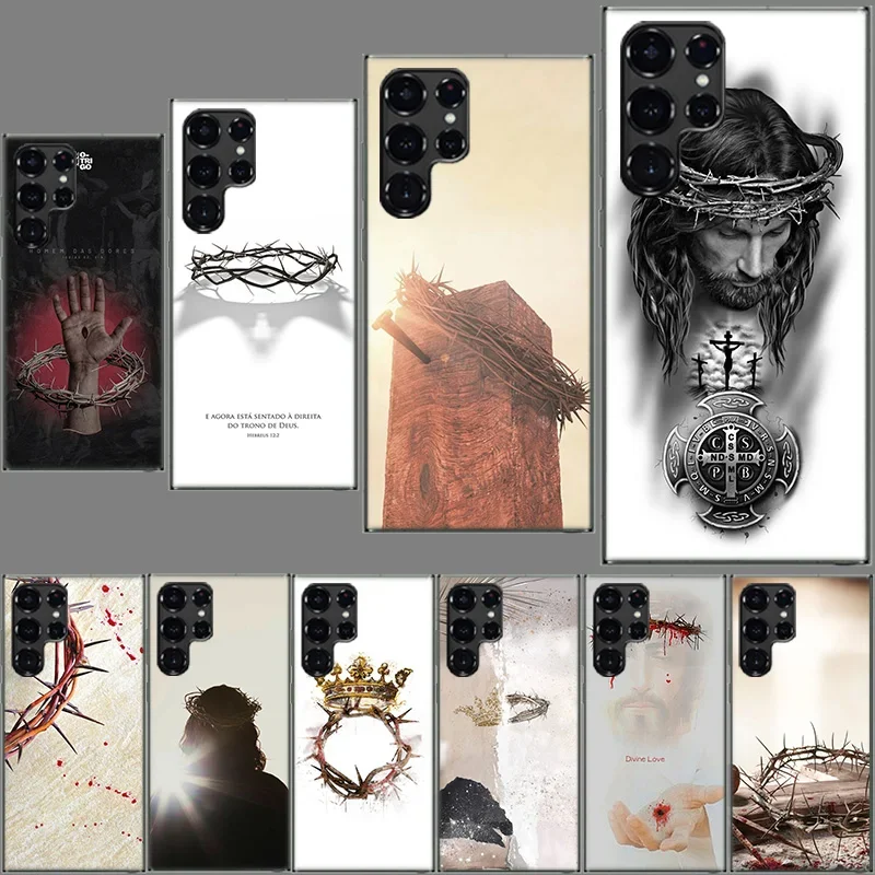 Jesus, koronka cierniowa przezroczysta obudowa Samsung Galaxy S24 S23 S22 Ultra S21 S20 FE TPU Capa etui na telefon S10 5G S9 S8 Plus S10