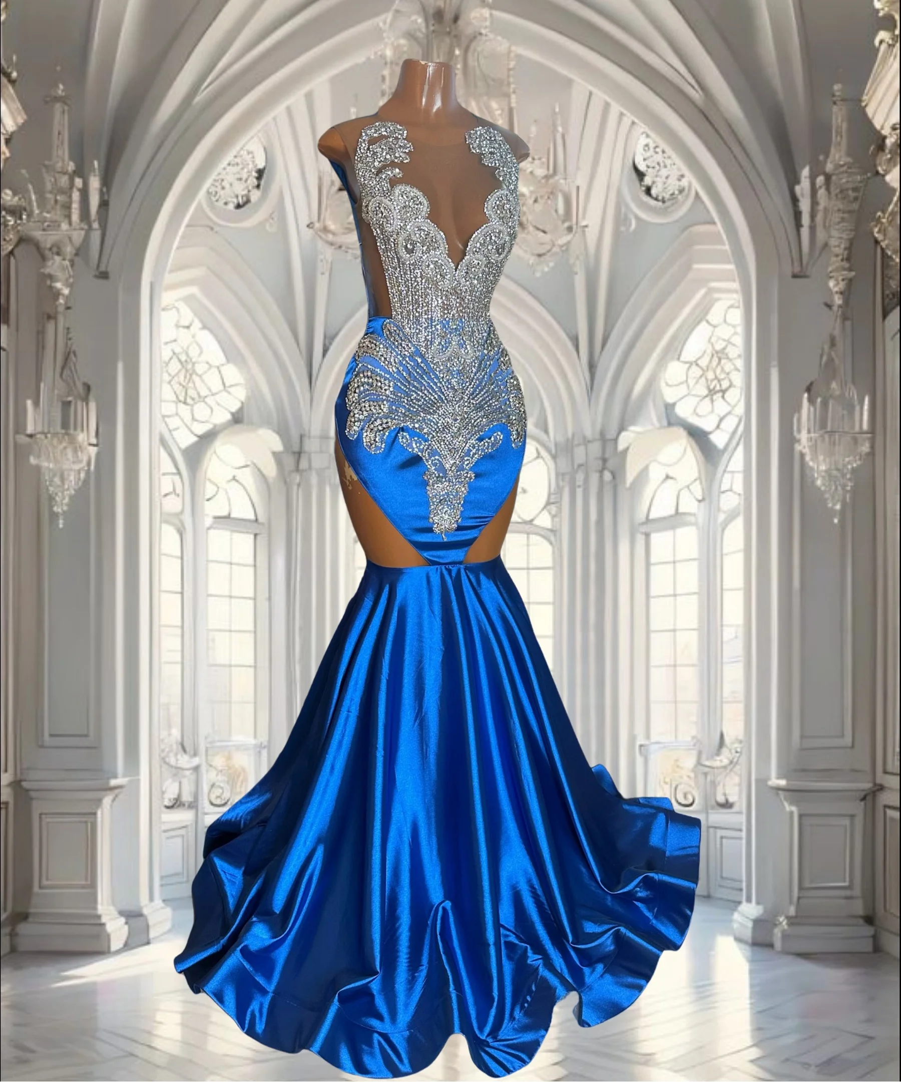 

Royal Blue Satin Crystal Mermaid Prom Dresses Long for Women 2025 Beading Diaomd Formal Evening Gowns Customized