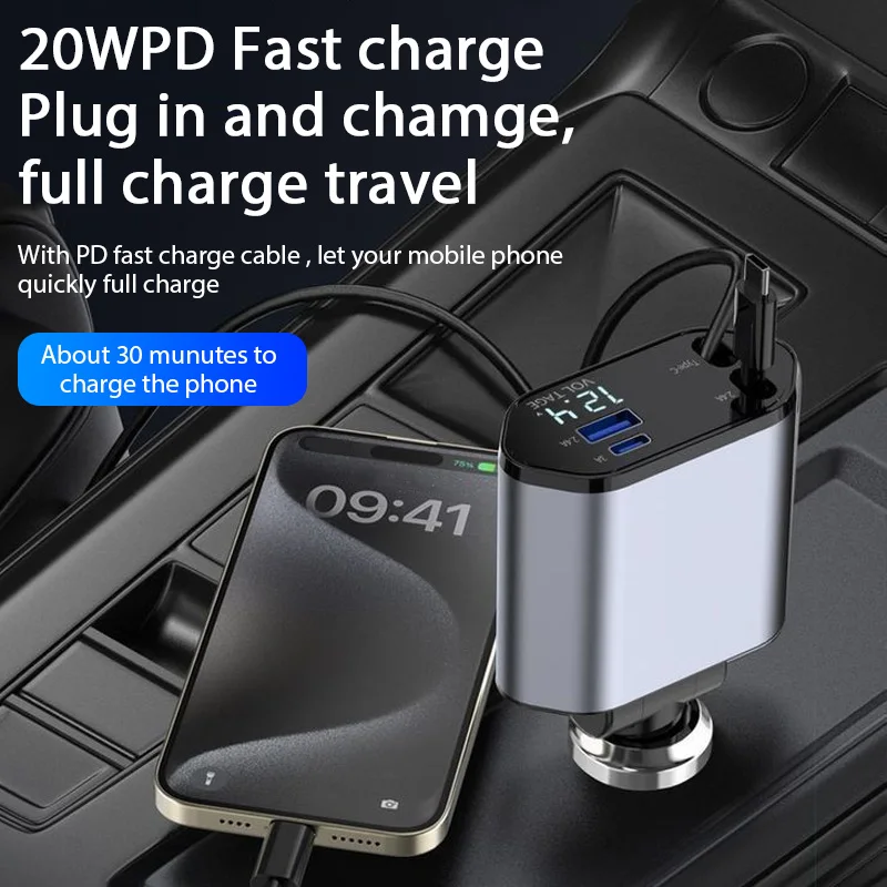 4 in 1 120W Car Charger Retractable Car Cigarette Lighter Adapter USB Type C Fast Charger Cable For IPhone Xiaomi Huawei Samsung