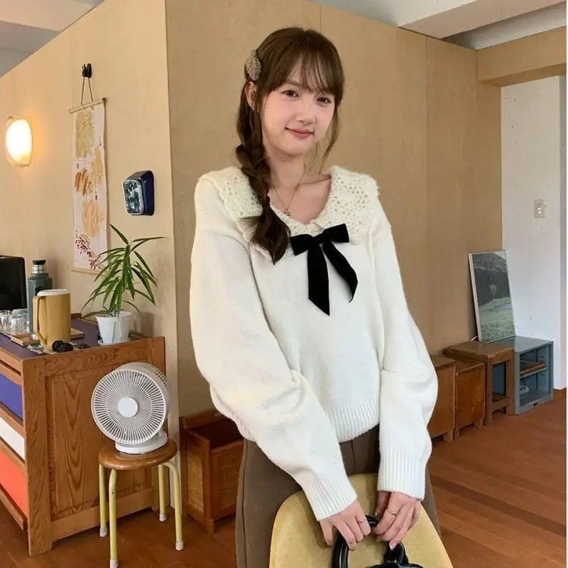 Korean Style Sweater Temperament Style Sweet Gray Lapel Bow Sweater Autumn and Winter Retro Style Student Pullover Sweater New