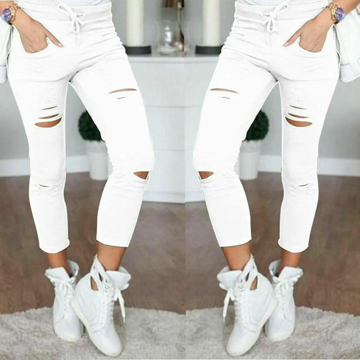 2024 Cargo Pants Women Fashion Slim High Waisted Stretchy Skinny Broken Hole Pencil Pants Solid Color Streetwear Trousers Womens