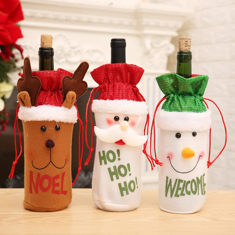 1pcs Cute Cartoon Santa Reindeer Wine Bottle Cover Classic Christmas Festive Table Decoration Dining Room Ornament Gift Decor