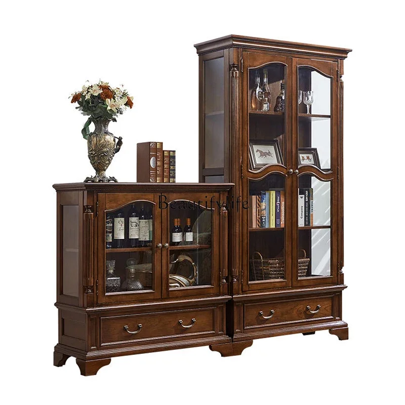 

American all-solid wood wine cabinet living room combination European simple and beautiful wall glass door TV cabinet