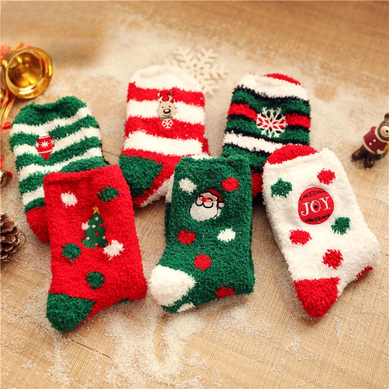 Christmas Red Socks Autumn and Winter Thick and Warm Coral Fleece Women's Socks Embroidered New Year Floor Sleep Socks