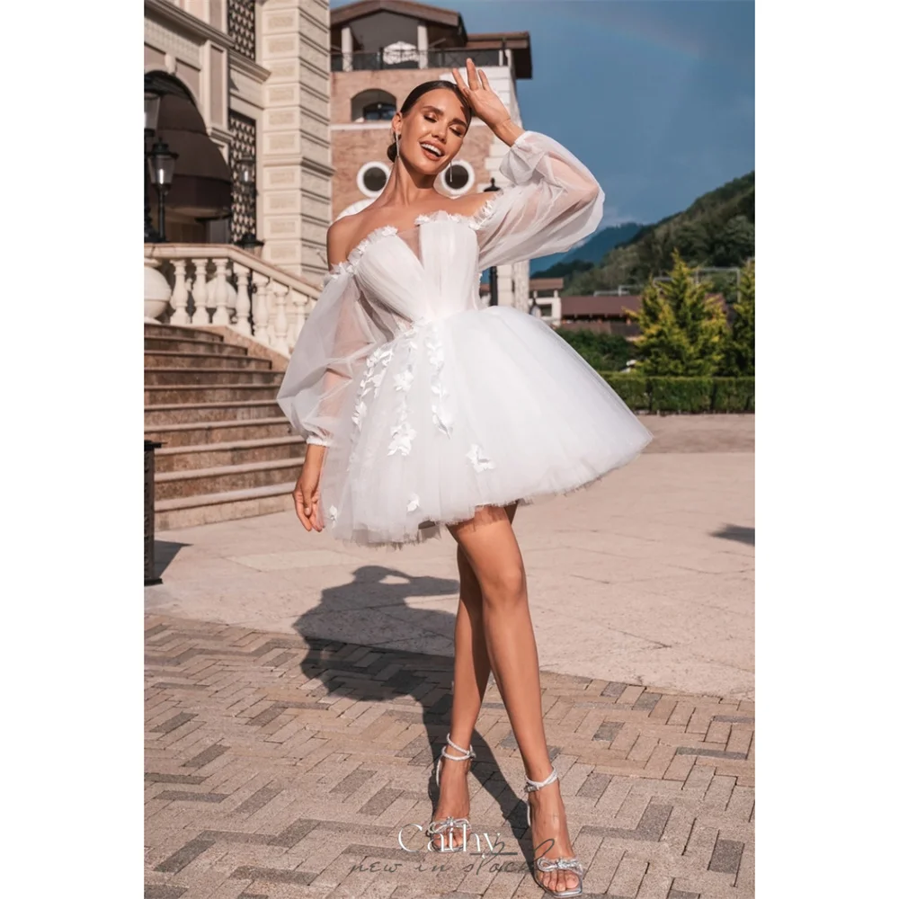 

Cathy Customized Off Shoulder Appliques Mini Wedding Dresses Puff Sleeve Corset vestidos de noiva Tulle Ball Gown Formal Evening