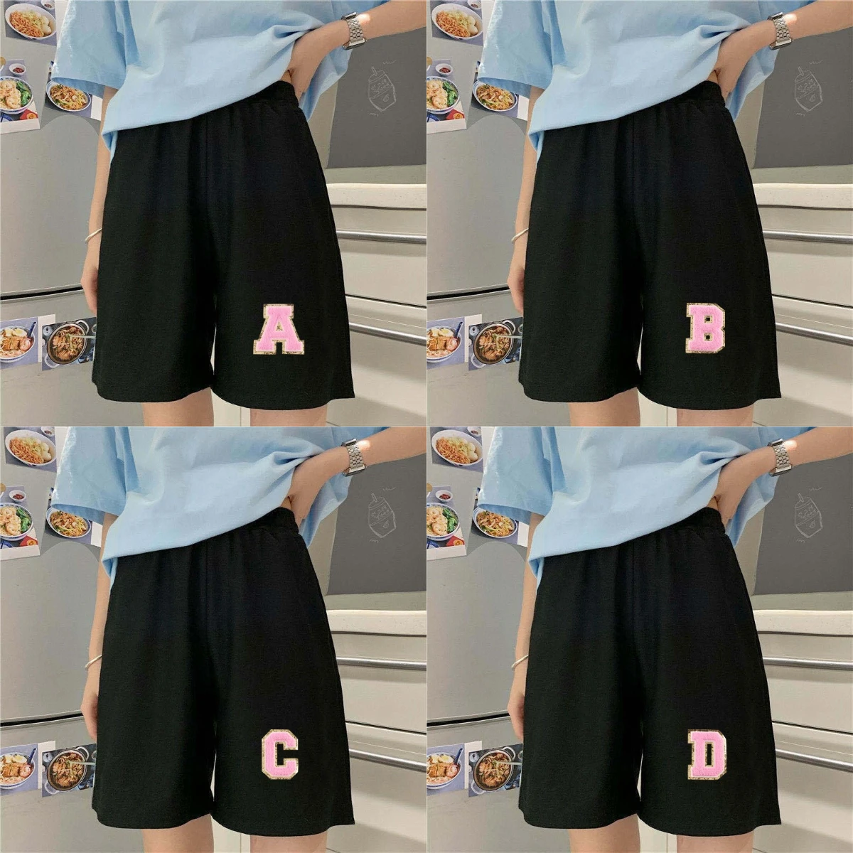 Pantaloncini a trapezio casual con stampa fluff da donna primavera estate Pantaloncini a gamba larga Pantaloncini morbidi casual neri chic da donna