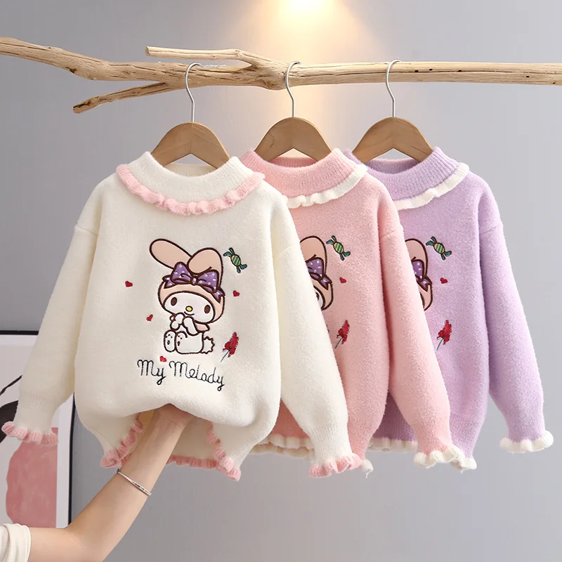 

Sanrios Children My Melody Sweater Mink Velvet Anime Autumn and Winter Round Neck Knitting Shirt Coat for Kids Cartoon Kawaii