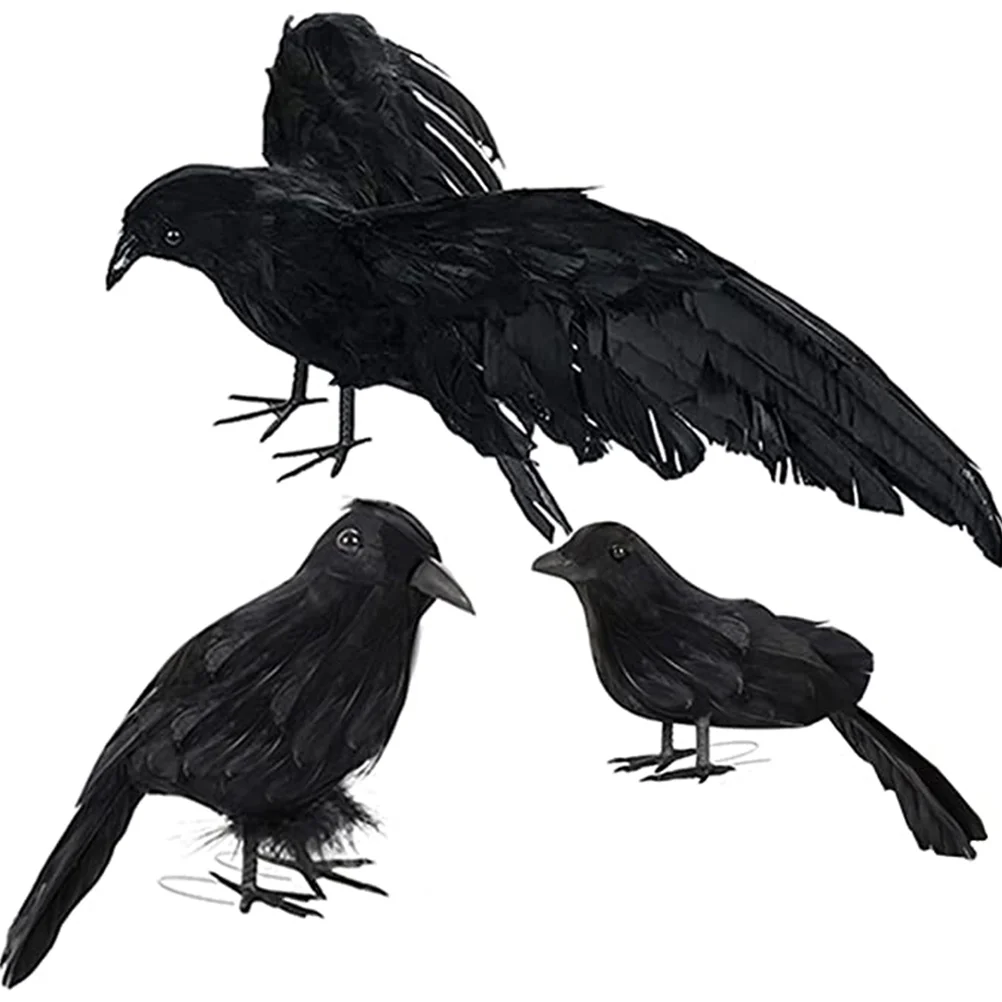 

3 Pcs Wall Bird Figurine House Decor Halloween Party Photo Prop Crow Tabletop Work Black Feathered