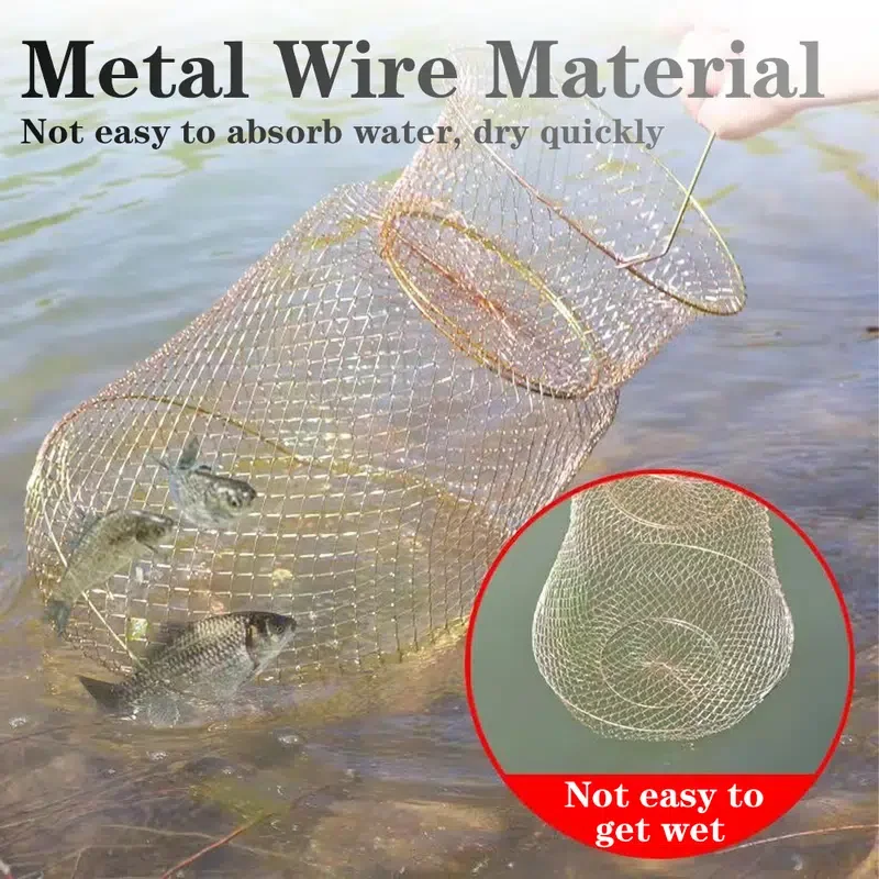 Goture Portable Steel Wire Fish Net Cage Metal Fish Crab Basket Bag Foldable Fishing Net Tackle 58 x 33cm