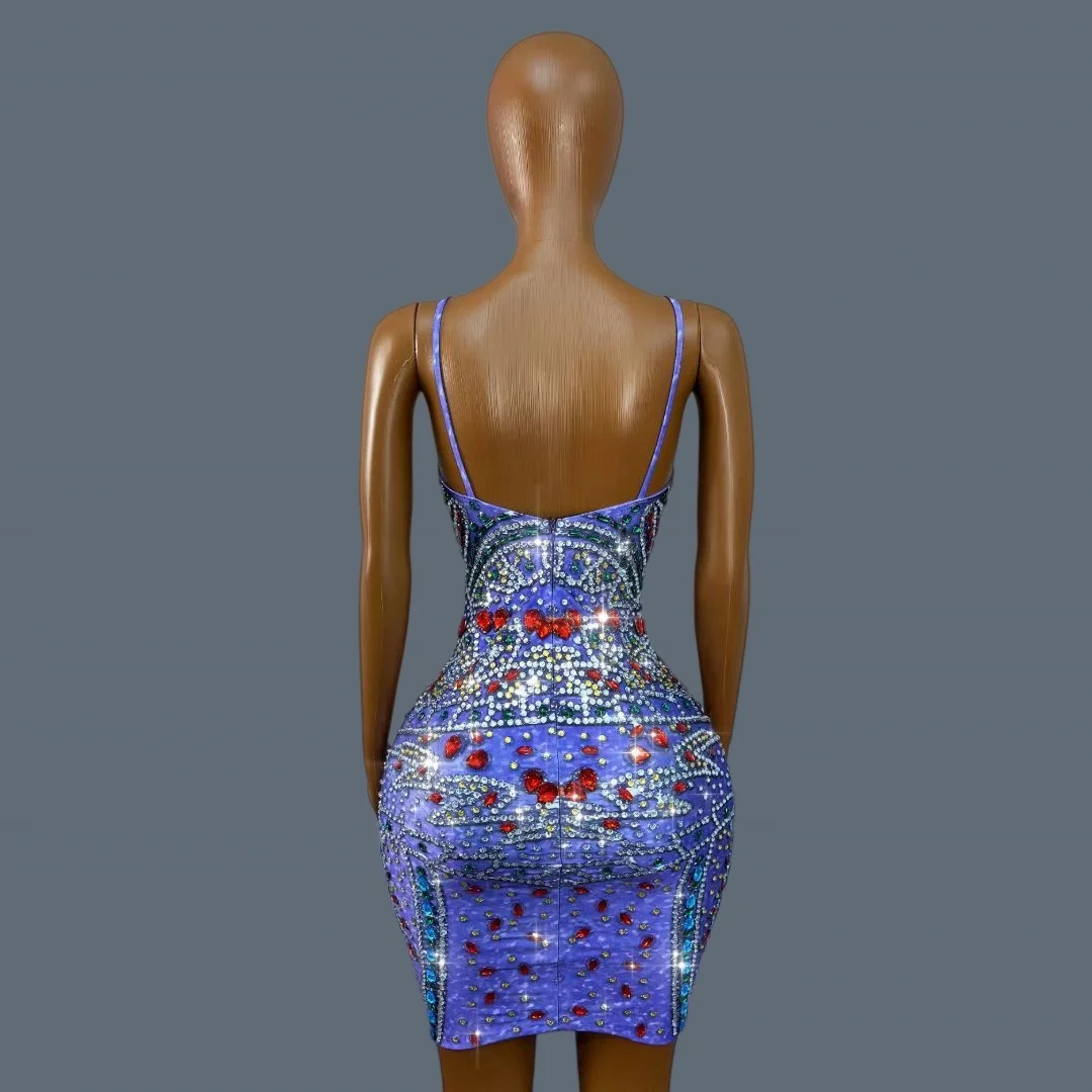 

Purple Sparkly Rhinestone Spaghetti Strap Mini Dress V-Neck Bodycon Outfit for Women Birthday Cocktail Party Clubwear Lanwenyu