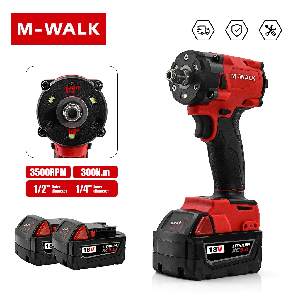 

M-WALK 1/2-Inch Brushless Impact Wrench For 18V Milwaukee Battery Pin LED Ring Light Night Tire Repair 300N.m Electric Wrench