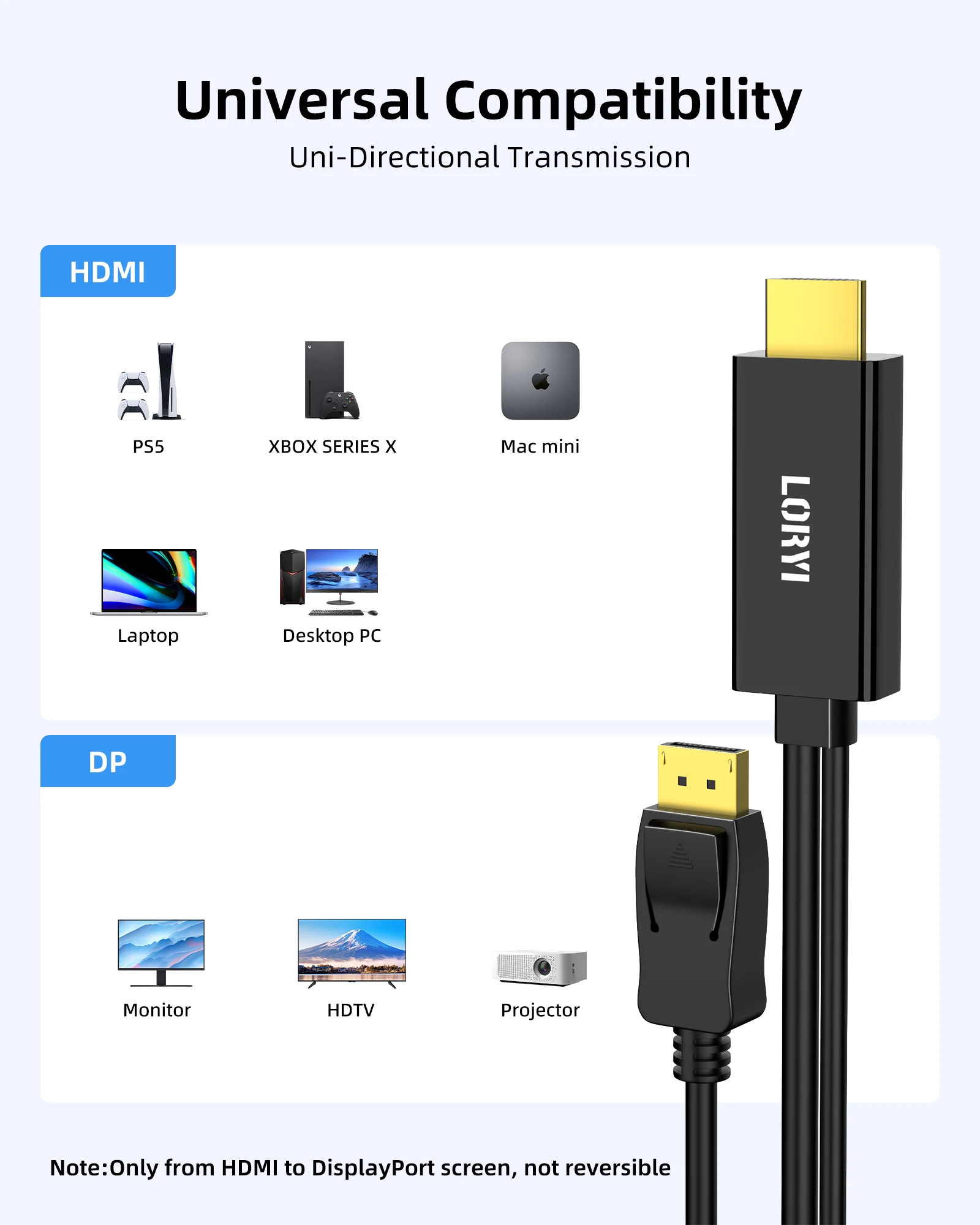 LORYI HDMI To Displayport Cable 6Feet For Monitor 4K 60Hz HDMI Source Monitor Cable Unidirectional HDMI 1.4 Male to DP 1.2 Male