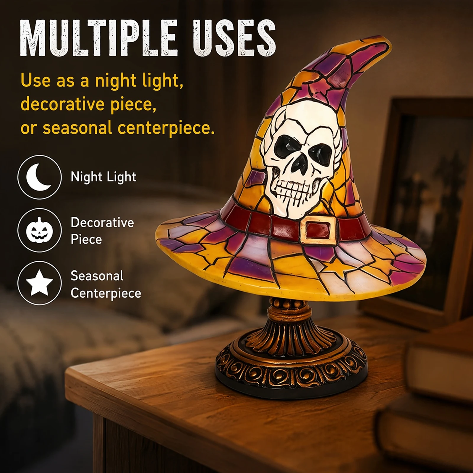 Halloween Witch Hat Pumpkin Table Lamp Night Light Stained Glass Gothic Desk Lamp USB Powered for Living Room Home Bedroom Decor