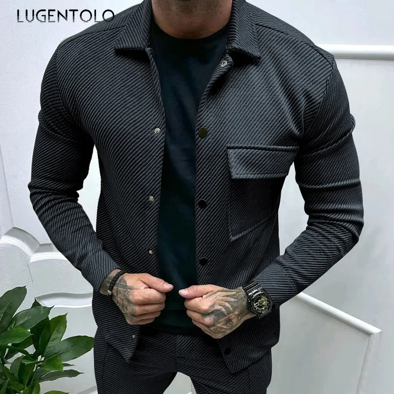 

Men Casual Jacket Twill Jacquard Lapel Long Sleeve Tops Covered Button Solid Color Slim Coat High Street Party Fashion Clothing