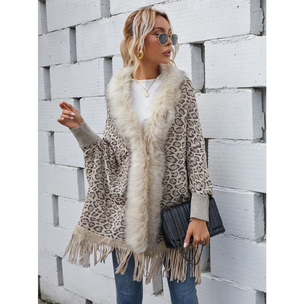 Women Cardigan Autumn and Winter Leopard Pattern Sweater Plush Neck Bat Sleeve Knitted Cardigan Loose Fit Mid Length