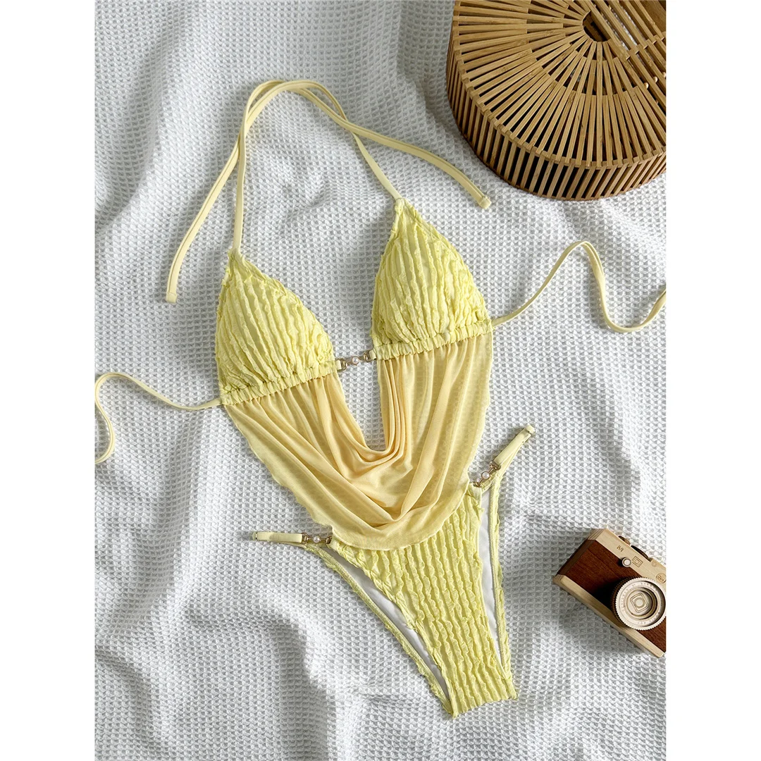 Gefalteter Tankini-Bikini, Neckholder-Bikini, Damen-Badeanzug, zweiteiliger Bikini-Set, Badeanzug mit hohem Beinausschnitt, Badebekleidung, Schwimmbekleidung V8506 – Detail 4