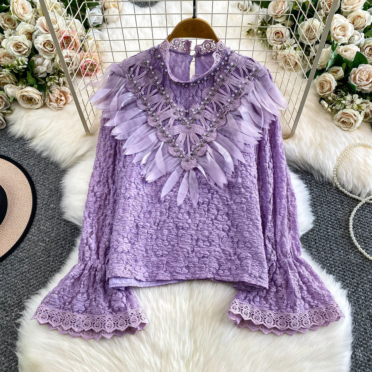 

Шикарная винтажная корейская модная блузка со стразами и длинными рукавами, женская осенняя женская одежда