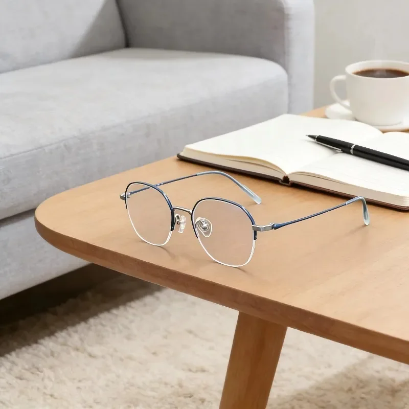 

Korean Half-Rim Optical Eyeglasses Frames Blue Silver Plated Lightweight Fashion Casual Eyewear for Daily Office Casual Outings