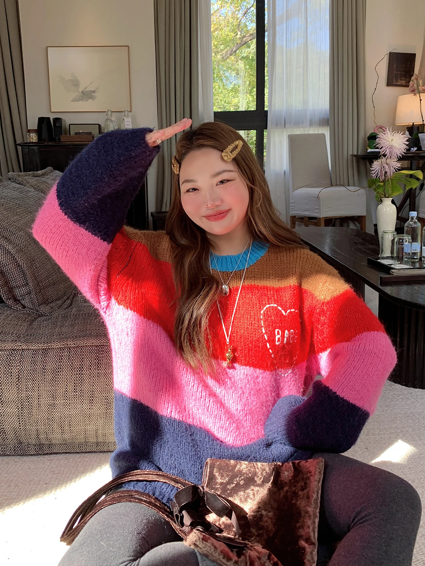 

Женский вязаный свитер Dazi с круглым вырезом, в полоску, повседневный, больших размеров, осенне-зимняя новинка, длинный рукав