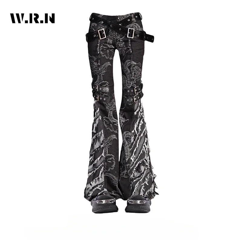 

Street Aesthetic Y2K Slim Fit High Waisted Jeans 2025 Spring Tassels Sheath Pants Women's Vintage Hotsweet PrintDenim Trouser