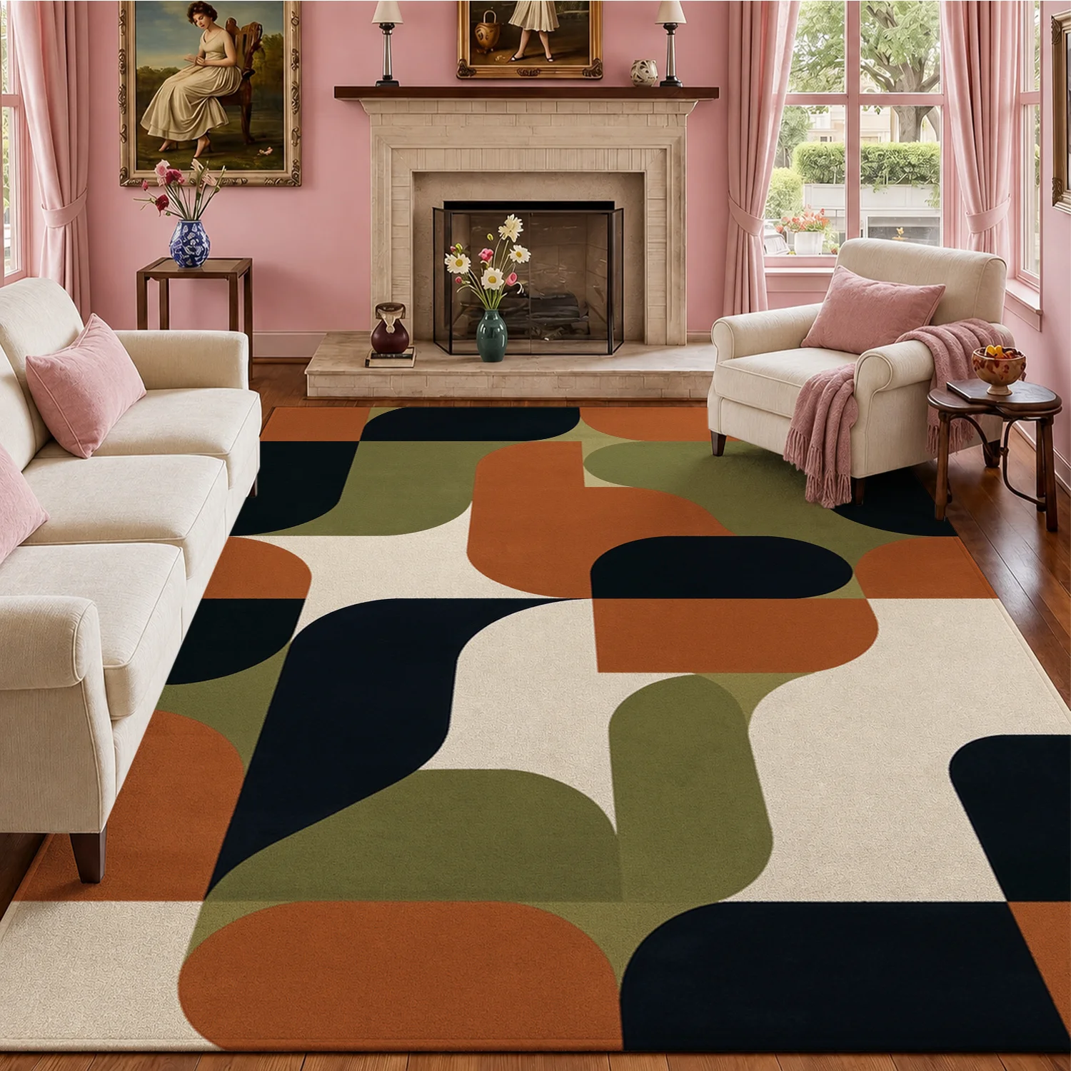 Retro Geometric Abstract Pattern Velvet Area Rug, Machine Washable Soft Floor Mat for Living Room, Bedroom, Dining Room, Entryway, Ideal for Halloween, Thanksgiving, Christmas, New Year, Black Friday, Cyber Monday Home Decor