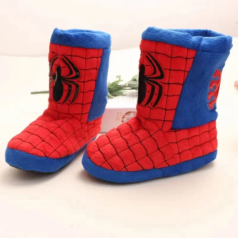 Disney-zapatillas de invierno para bebé, niño y niña, zapatos antideslizantes y cálidos de dibujos animados de Spiderman, botas largas de algodón para interiores y el hogar