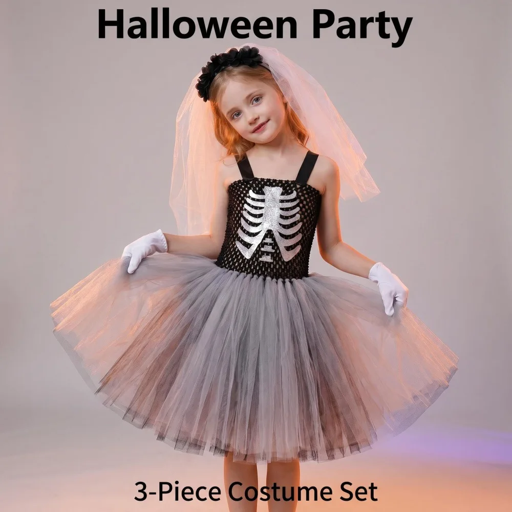 Halloween Kids Princess Mesh Tutu Dress Set for Girls Tulle Party Outfit with Veil Gloves Holiday Stage Performance Daily Frocks