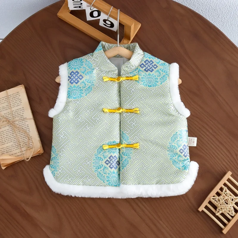 Kids Hanfu Winter 1- 8 Years Kids Waistcoats Boys Chinese New Year Traditional Tangsuit Baby Thicken Cotton Padded Print Vest