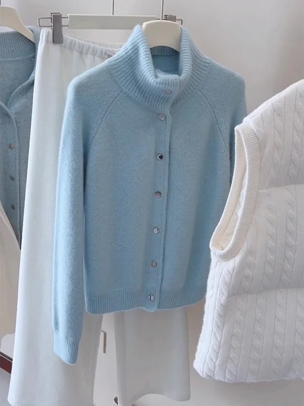 

Blue Stand Collar Long Sve Knitted Sweater Coat Women's Autumn Winter Faion Age Reduction Versatile Korean Sle Top