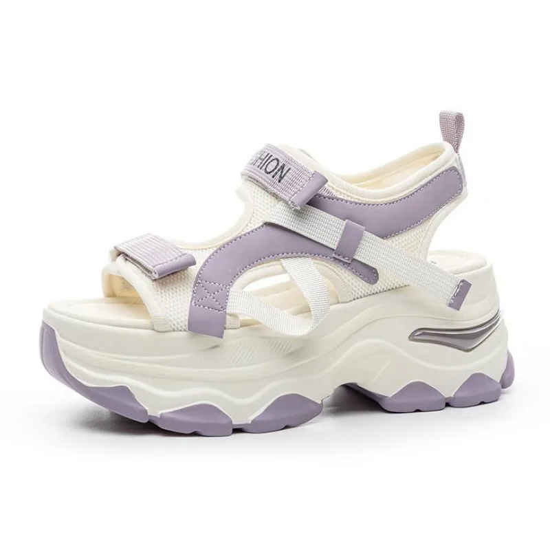 

7 см сандалии из синтетической кожи с воздушной сеткой, дышащие женские летние полые тапочки, модные летние сандалии на платформе, обувь на плоской подошве