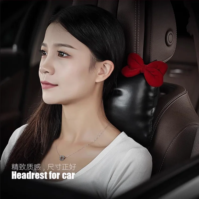 

Super Comfy Leather Car Headrest Pillow, Red Bow Car Pillow for Neck Pain Relief with Adjustable Strap, Memory Foam Cover
