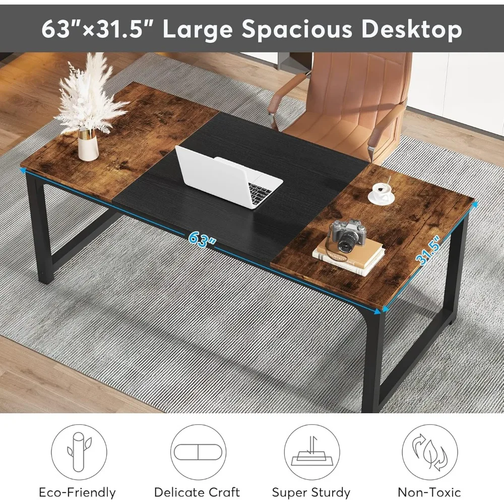 63 x 31.5 inch Large Office Computer  Desk Computer Table Study Writing Desk Workstation for Home Office, Black Metal Frame