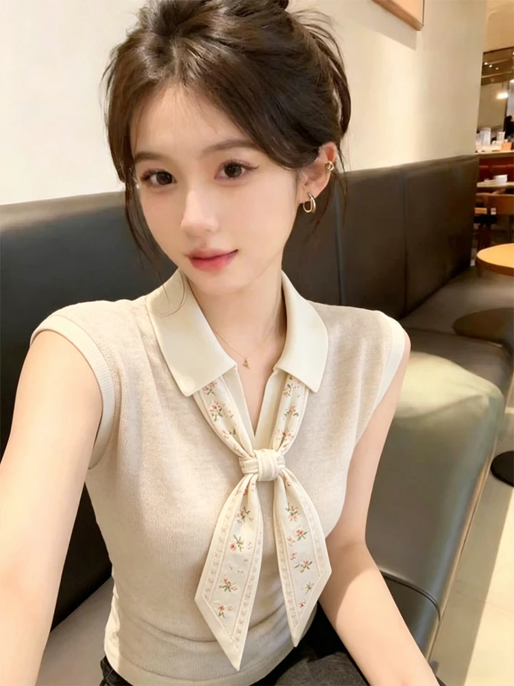 

Elegant Silk Scarf Vest T-Shirt Women's Top Sleeveless Collared Commute Style Summer Fashion Casual Knitted Garment