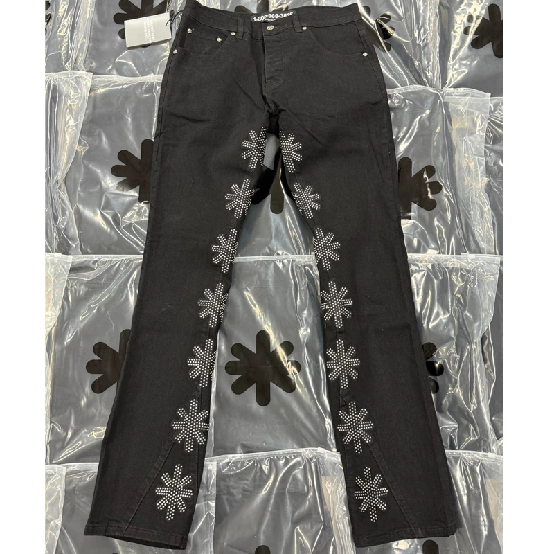 

New Arrived LOST SHDWS JEANS Men Women American Fashion Hot Diamond Flower Embroidery Splicing Wash Heavy Black Denim Pants