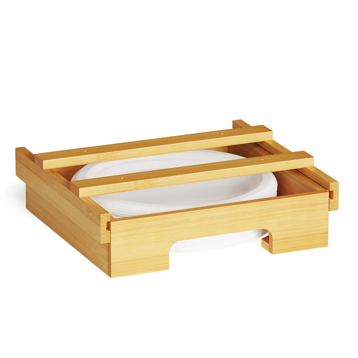 

9/10-Inch Bamboo Paper Plate Dispenser - Under Cabinet & Countertop Holder for Kitchen Caddys for Plates Universal A