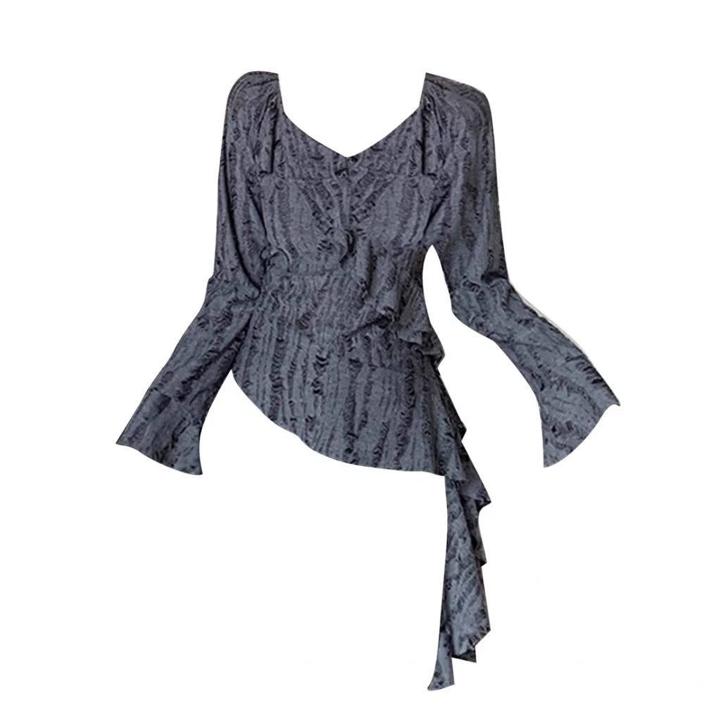 

Необычные футболки с рукавами-колокольчиками, женские облегающие плиссированные топы с длинными рукавами, женская одежда, базовая сетчатая футболка в стиле ретро