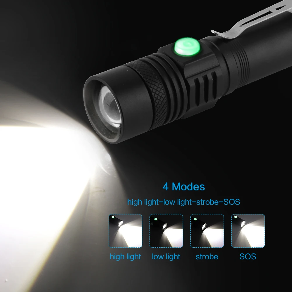 BORUiT 800LM Powerful LED Flashlight Tactical Zoom Torch 18650 Rechargeable Outdoor Waterproof Torch Camping Riding Fishing Lamp