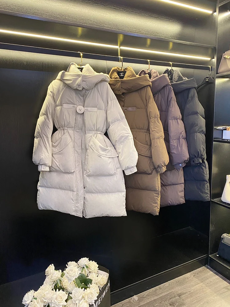 겨울 중간 길이 탈부착 후드 다운 재킷 여성 화이트 덕 다운 파카 다운 재킷 여성 큰 포켓 다용도 따뜻한 아우터