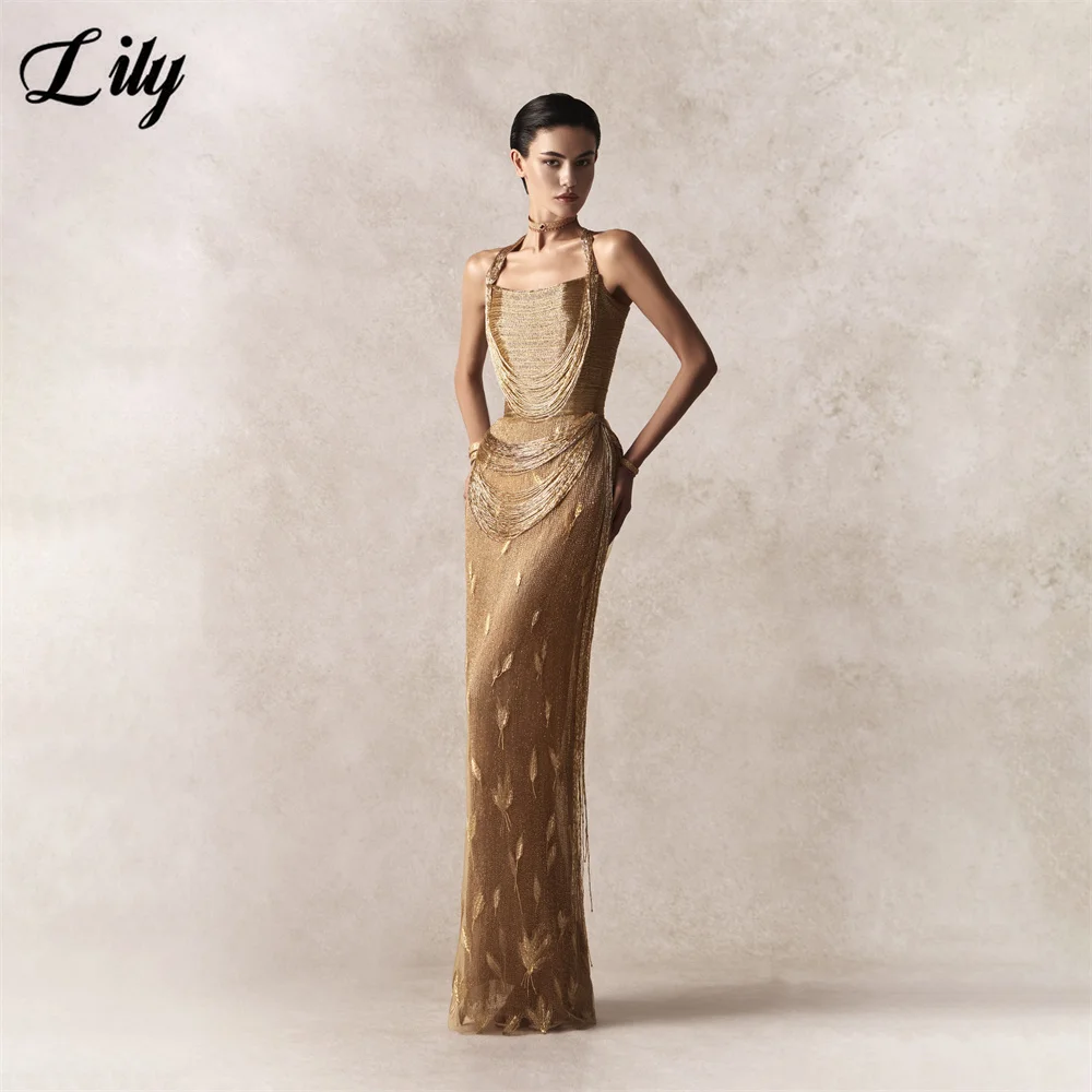 Lily Gold Formal Gown Square Neck Halter Prom Dresses with Draped Chain Beaded Evening Dress Mermaid Modern Style Customized