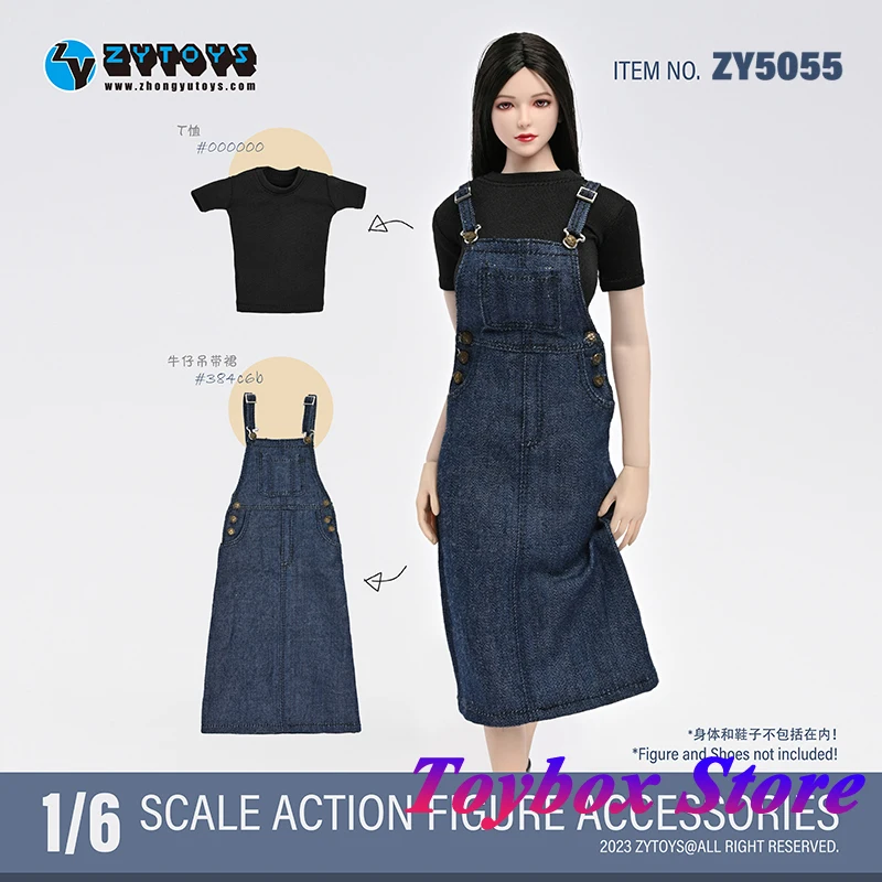 ZYTOYS ZY5055 1/6 Girl Soldier Black T-shirt Denim Suspender Loose Straight Dress Clothes Accessory For 12