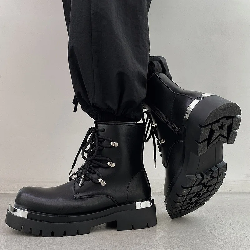 

men luxury fashion high motorcycle boots black stylish platform shoes party nightclub cowboy original leather boot chunky botas