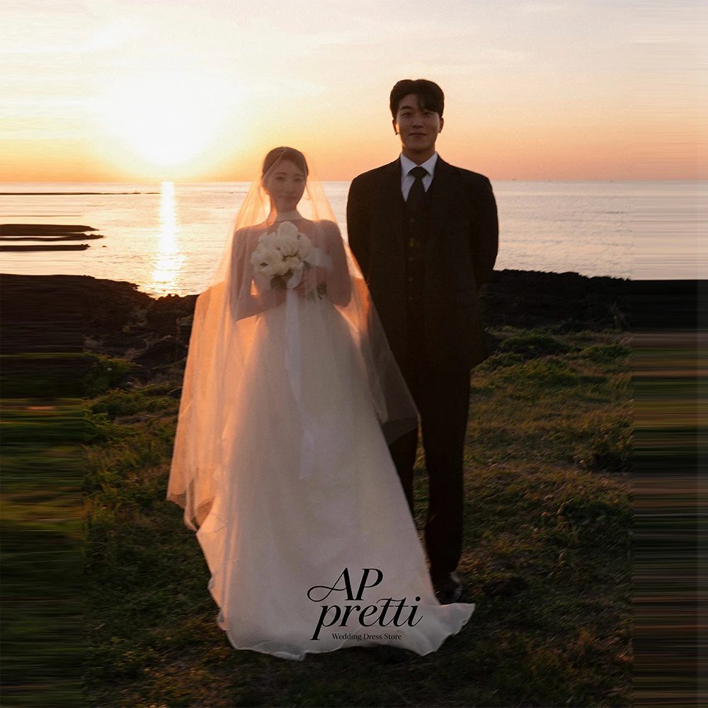 AP pretti Romantic Tulle Korea Wedding Dress Photo Shoot Sleeveless Strapless Customized A-line Floor-Length Bridal Gown 웨딩드레스