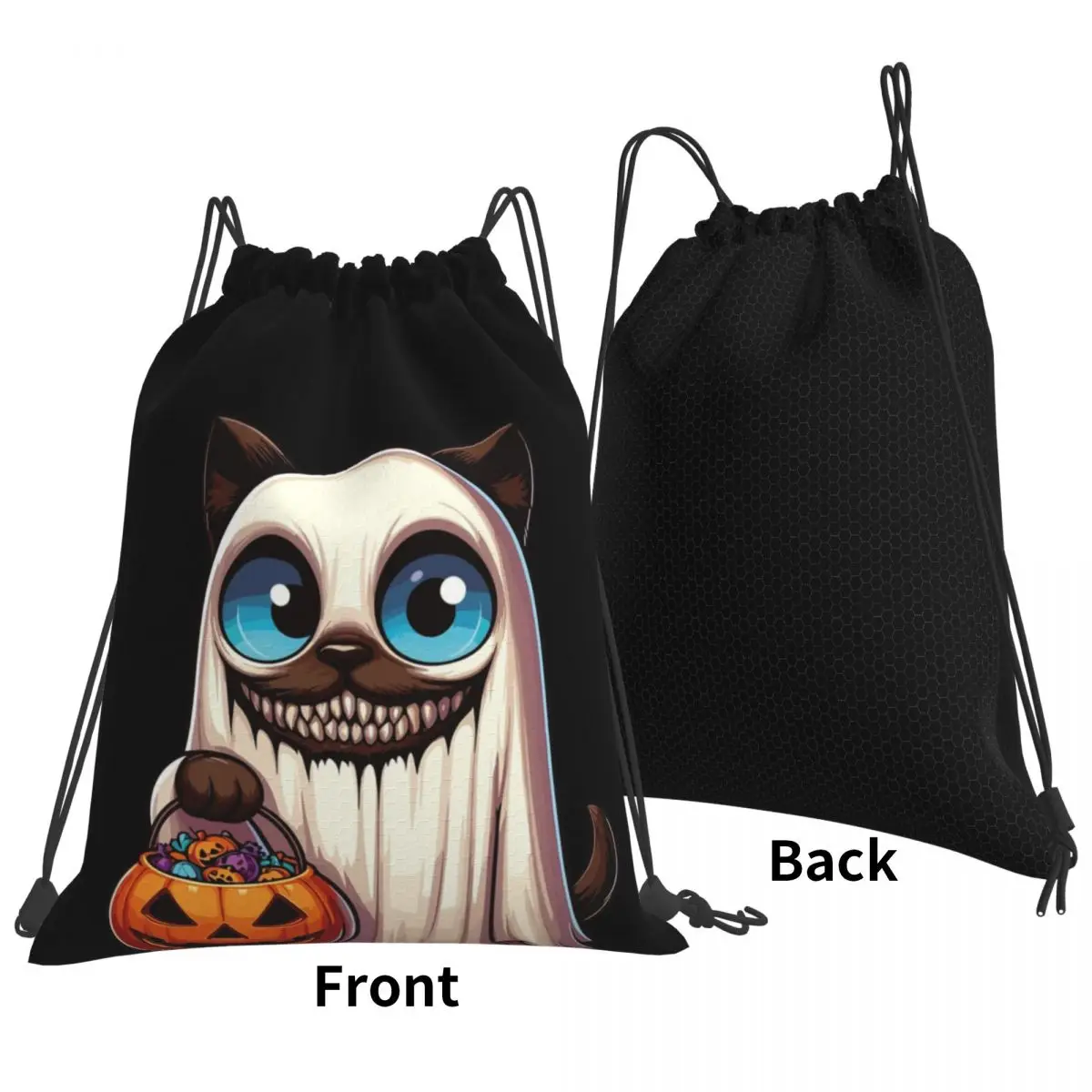 Siamese Cat Scary Halloween Ghost Spooky Pumpkin Candy Backpacks Portable Drawstring Bags Shoes Bag Book Bags Travel Students
