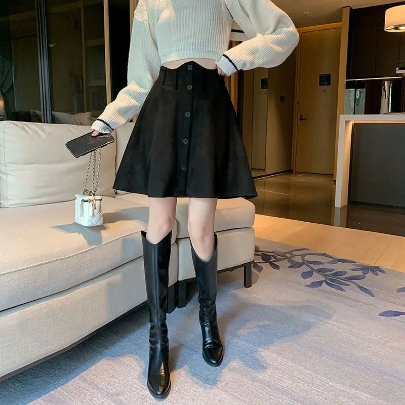 Herringbone Wool Pleated Skirt Women'S Spring Autumn Popular High Waist Slimming A-Line Large Swing Short Hip-Covering Skirt