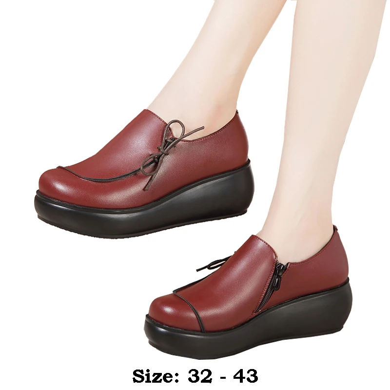 

high quality leather shoe for women 6cm mid heel platform round toe 32 33 43 elegant fashion 2024 autumn winter shoe black red