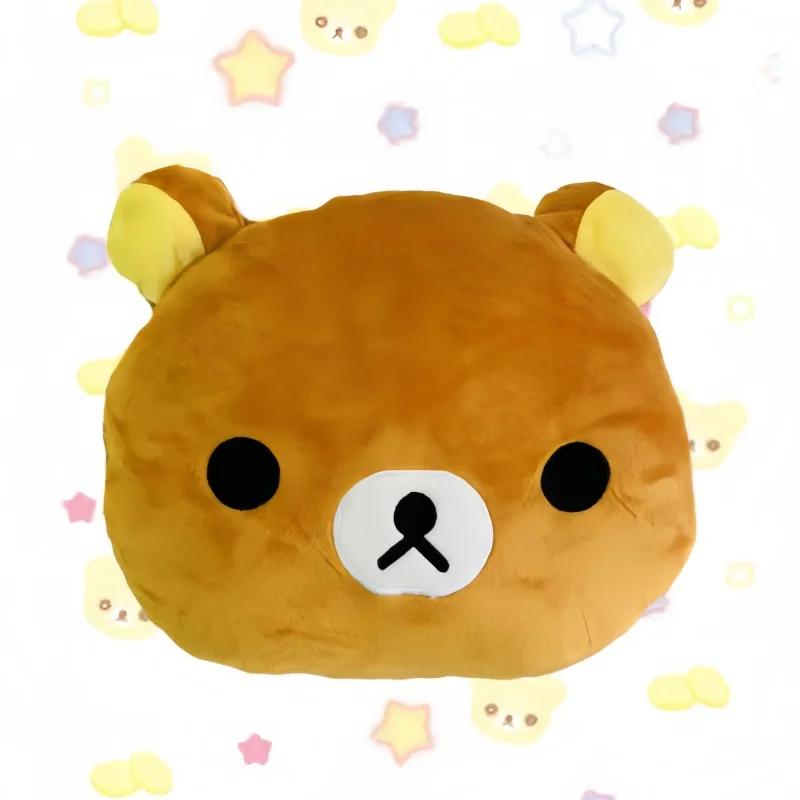 Kawaii Rilakkuma Soft Bear Stuffed Doll Car Neck Headrest Pillow with Safety Belt Kid-Friendly Shoulder Pillow for Travel Gifts