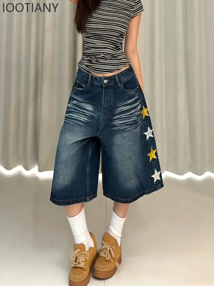 Jeans con Bordado de Estrellas para Mujer, Estilo Americano Vintage Y2K, Pantalones Capri Ajustados, Moda Urbana, Pantalones Casuales de Mezclilla, Verano 2026