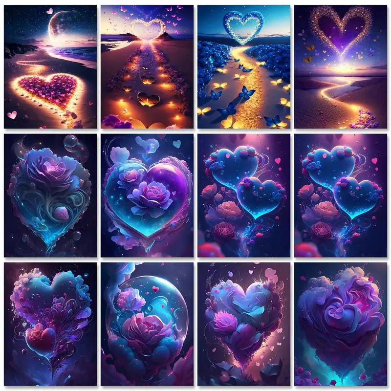 

RUOPOTY Valentine's Day Gift Diy Painting By Numbers With Frame Purple Heart Flowers Picture On Numbers For Home Wall Art Decors