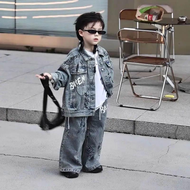 Boys' Sets Autumn Denim Jacket Jeans Two-piece Suits 2024 New Retro Children's Korea Style Coat Graffiti Letters Street Sets